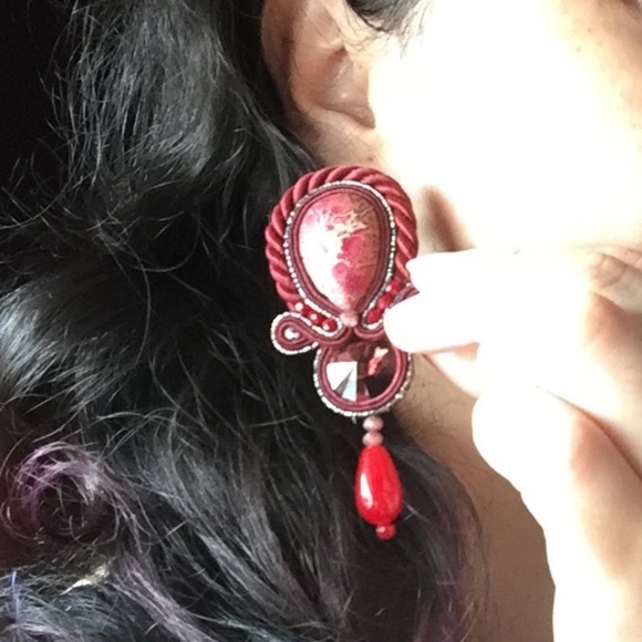 Huge Red Handmade Soutache Earrings NWOT - Picture 5 of 8